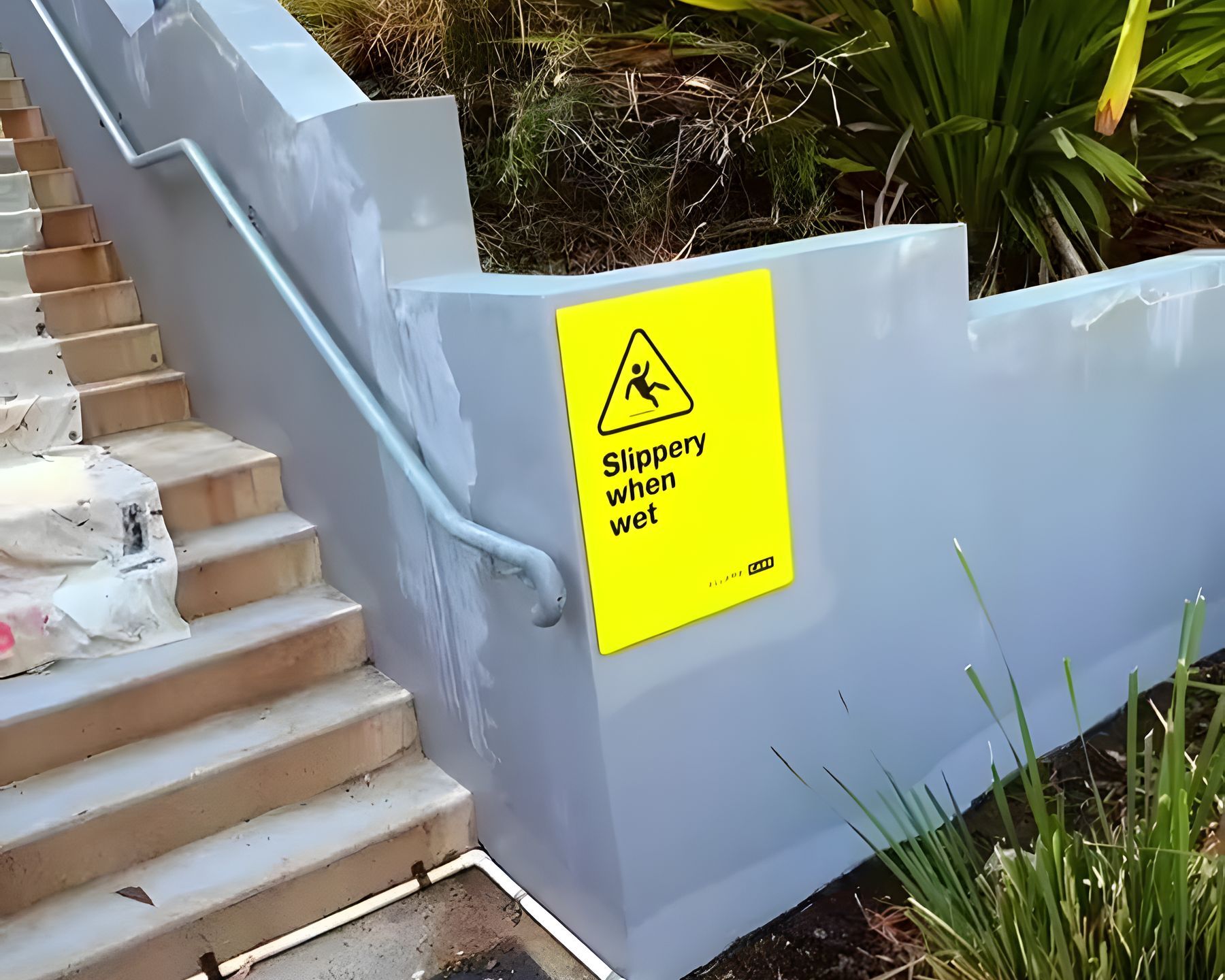 A common-area stair wall being repainted by Hughesys Painting, with drop sheets laid over the steps
