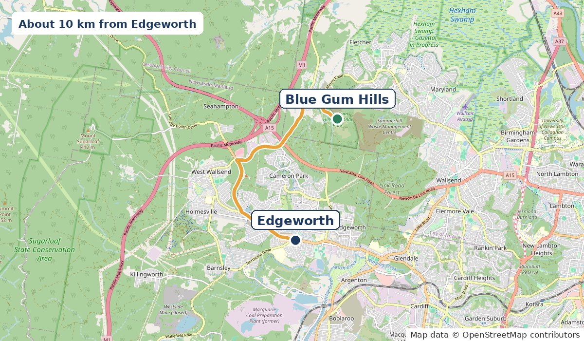 Map of the 10 km drive from Edgeworth via Cameron Park Drive and Minmi Road to Blue Gum Hills Regional Park