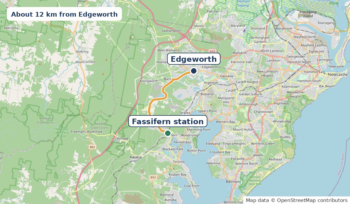 Map of the 12 km drive from Edgeworth via Northville Drive and Wakefield Road to Fassifern station