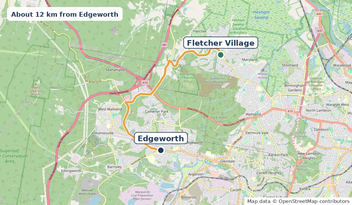 Map of the 12 km drive from Edgeworth via Cameron Park Drive and Minmi Road to Fletcher Village