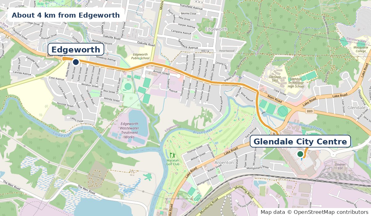 Map of the 4 km drive from Edgeworth along Main Road and Frederick Street to Glendale City Centre