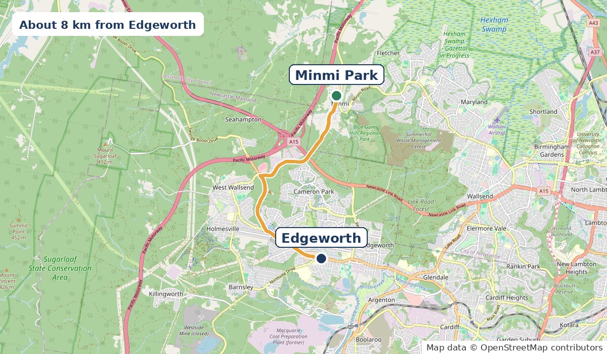 Map of the 8 km drive from Edgeworth via George Booth Drive and Cameron Park Drive to Minmi Park