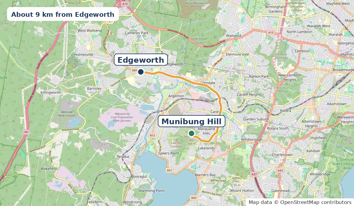 Map of the 9 km drive from Edgeworth through Cardiff to Munibung Hill, Macquarie Hills