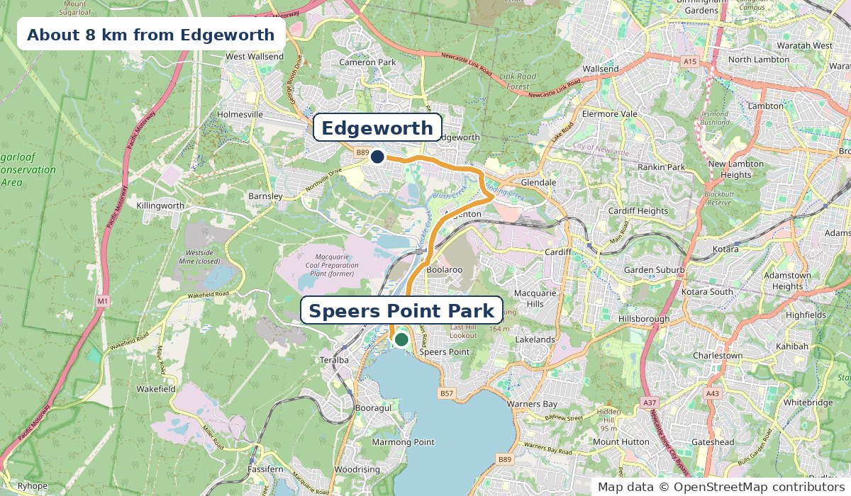Map of the 8 km drive from Edgeworth along Main Road and Lake Road to Speers Point Park