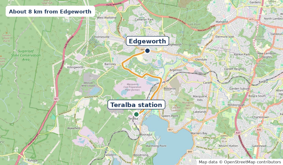Map of the 8 km drive from Edgeworth via Main Road and Racecourse Road to Teralba station