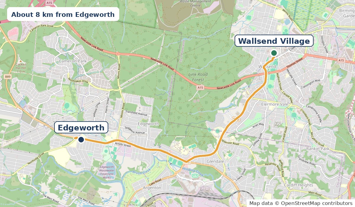 Map of the 7.5 km drive from Edgeworth along Main Road, Lake Road and Cowper Street to Wallsend Village